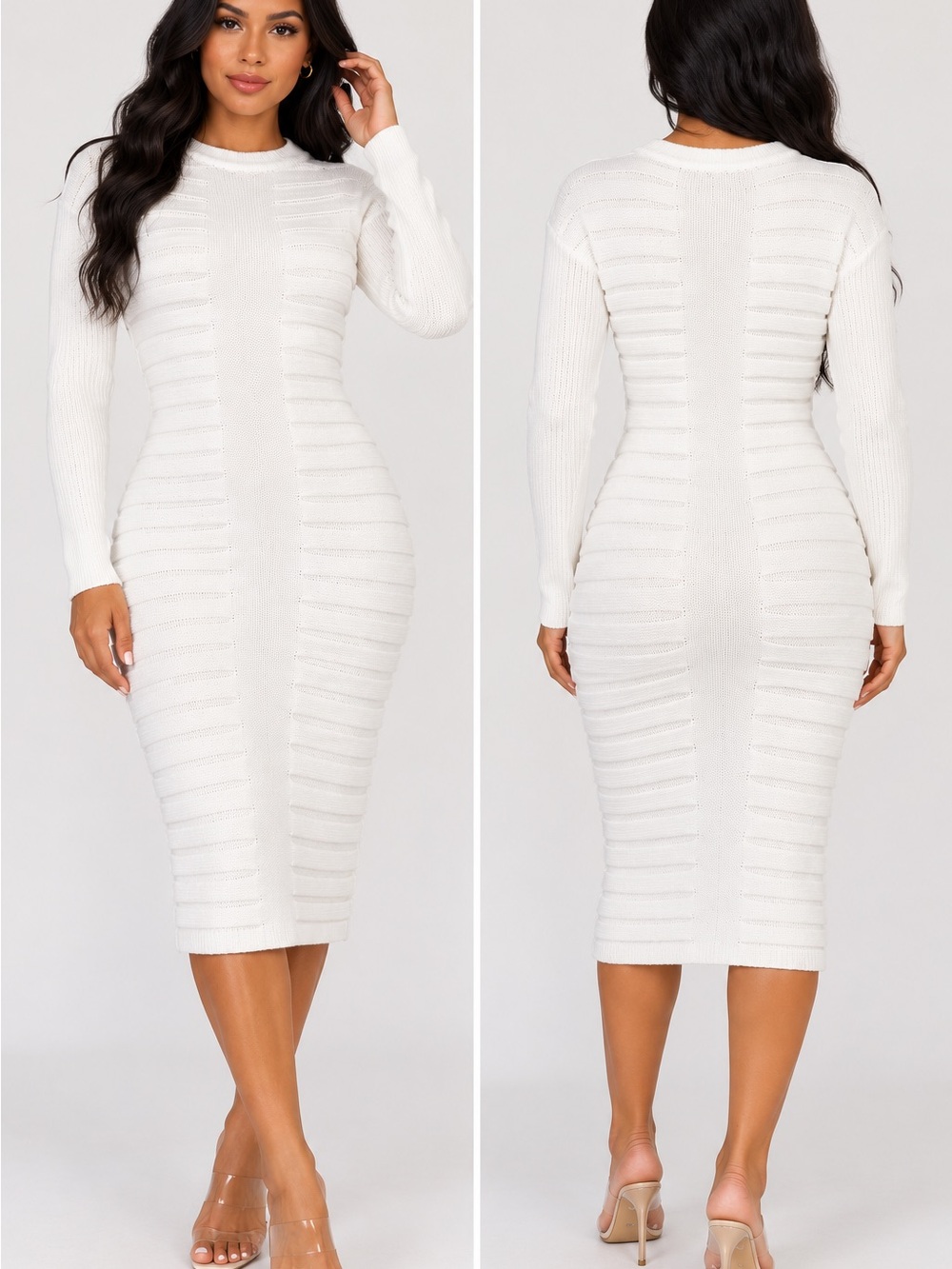 SHEIN White Ribbed Long Sleeve Bodycon Midi Dress